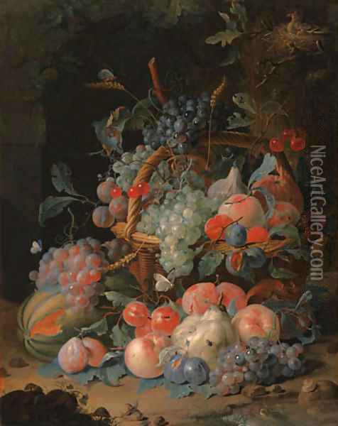 Grapes, cherries, plums, raspberries, tangerines, apples, oranges, peaches, pears, apricots and ears of corn in a basket, with a melon and other fruit Oil Painting - Coenraet Roepel