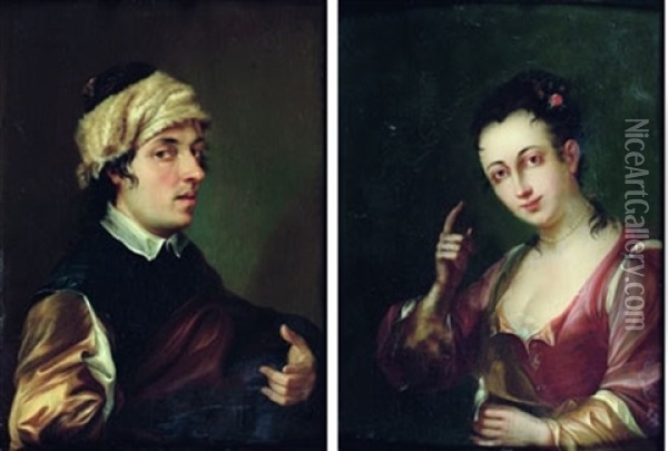Portrait D'homme Au Turban De Fourrure (+ Portrait De Femme Au Serin; Pair) Oil Painting - Antoine Pesne