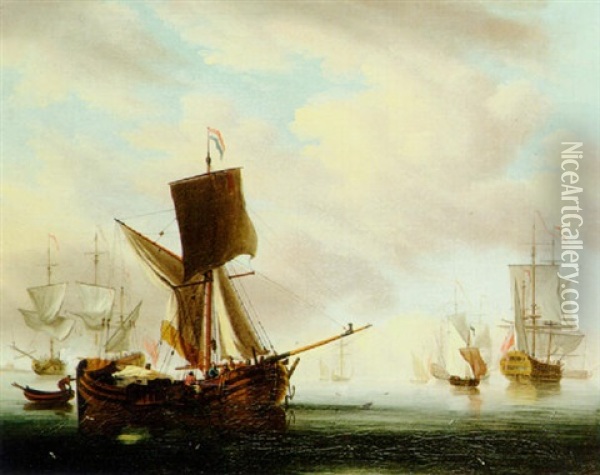 A Dutch Galjoot In English Waters With Two Men-o-war And Coastal Craft Oil Painting - Peter Monamy