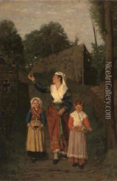 Picking Flowers Along A Walled Country Path Oil Painting - Giuseppe Costantini