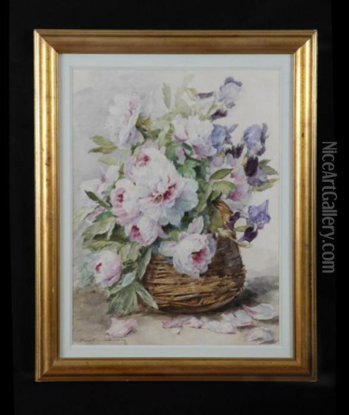 Still Life With Peonies And Iris Oil Painting - Madeleine Jeanne Lemaire