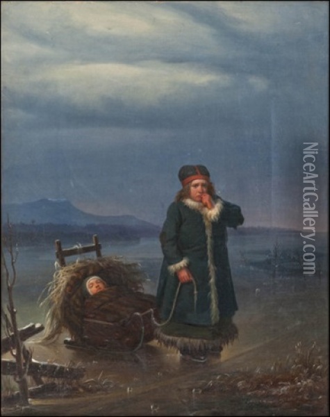 Lapsi Ja Reki Jaalla Oil Painting - Robert Wilhelm Ekman