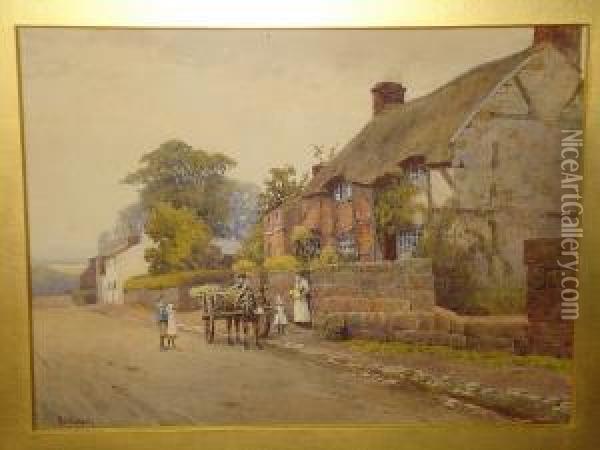 A Village Street Scene, Figures 
Before A Flowersellers Donkey Cart Beside Half Timbered Cottages, 
Signed, Watercolour Oil Painting - Mary S. Hagarty