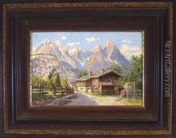 Garmisch-partenkirchen - Blick Vom Fruhlingshaften Wilhelm-von-miller-weg Zum Wettersteingebirge Oil Painting - Hans German Frahm