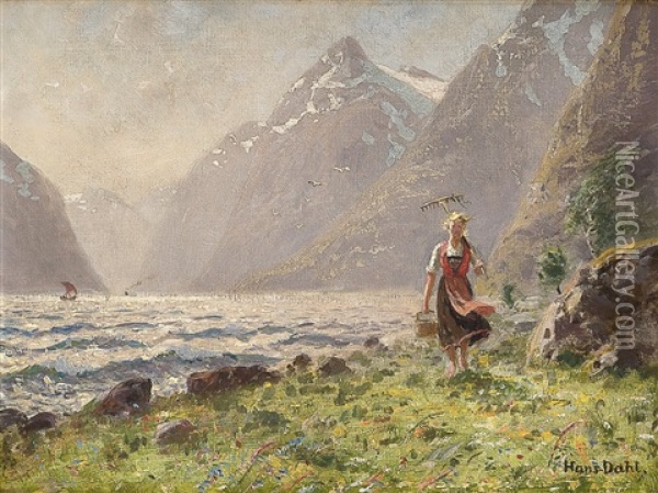 Ung Kvinne I Fjordlandskap Oil Painting - Hans Dahl