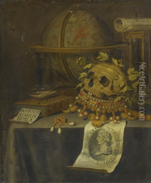 A Vanitas Still Life With A Skull Surmounting An Upturned Crown, An Astrological Globe, An Hourglass, A Book, A Shell With Soap Bubbles And A Portrait Of The Emperor Augustus On A Draped Table Oil Painting - Edward Collier