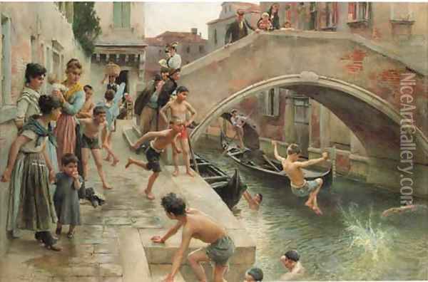 Figures on a Venetian canal Oil Painting - Ludwig Passini