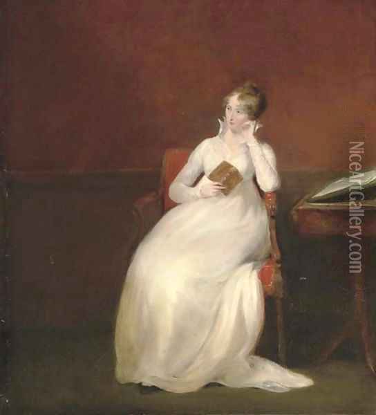 Portrait of Marianne Langham (1772-1809), small full-length, seated in a white dress holding an open book in her right hand Oil Painting - John James Masquerier