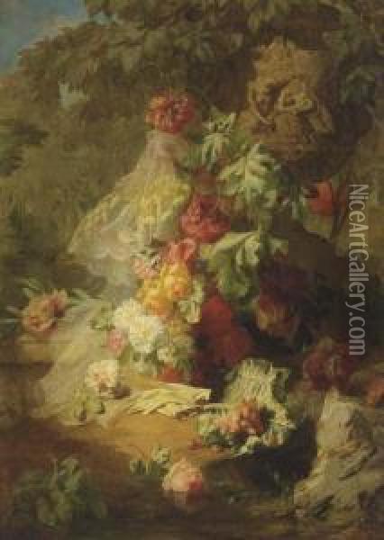 A Still Life Of Lace, Flowers And Gloves In A Garden Oil Painting - Jean-Baptiste Robie