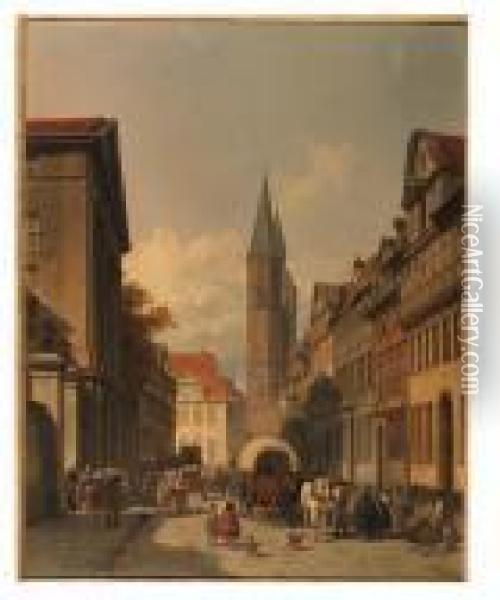 A Busy Street In A German Town Oil Painting - Jacques Carabain