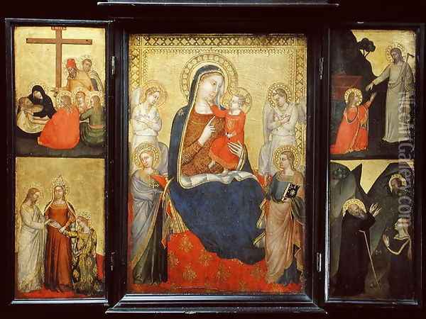 Triptych, Madonna and Child Enthroned flanked by scenes from the Life of Christ Oil Painting - Puccio di Simone