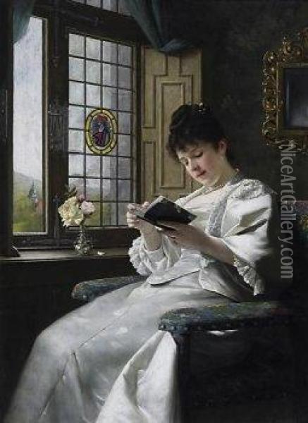 Young Woman Reading By The Window In A White Satin Dress And Gazing Into The Chateau Park. Oil Painting - Ernst Anders