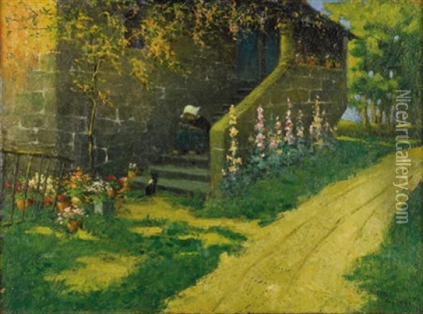 Breton Girl On Steps Oil Painting - Eugene Cadel