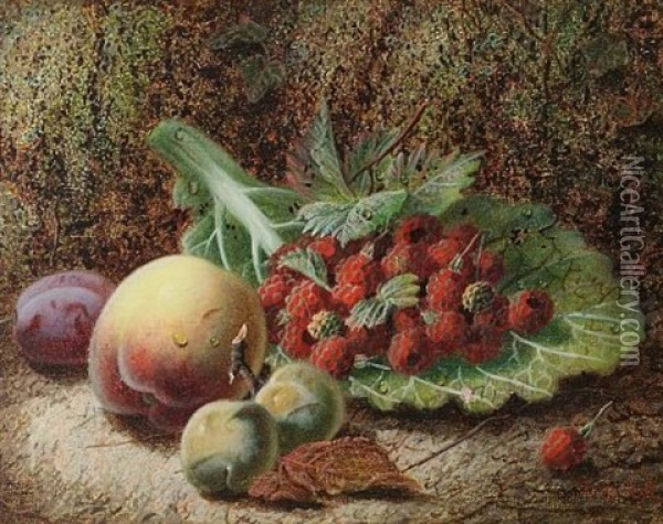 Still Life With Peach, Raspberries And Fruit On A Mossy Bank Oil Painting - Oliver Clare
