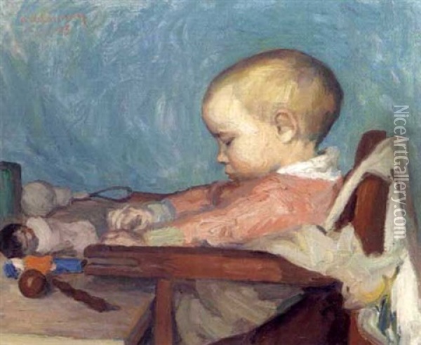 Enfant Assis Avec Sa Poupee Oil Painting - Aristide Delannoy