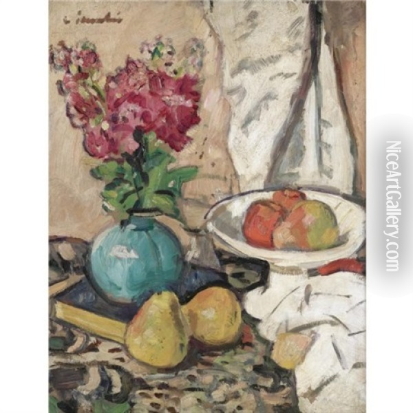 Still Life With Fruit And Flowers In A Green Vase (+ Composition Sketch, Verso) Oil Painting - George Leslie Hunter