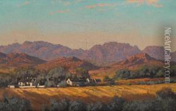 South African Landscape With White Buildings Oil Painting - Tinus De Jong