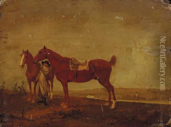 A Groom With Two Saddled Chestnut Hunters Oil Painting - Hendrick Wilhelm Schweikardt