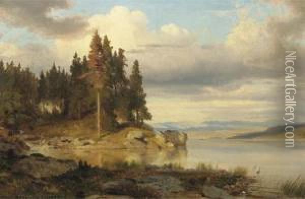 Calm Autumn Day By A Lake, Hills In The Distance Oil Painting - Oswald Achenbach
