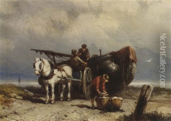 Unloading The Catch Oil Painting - Johannes Hermanus Barend Koekkoek