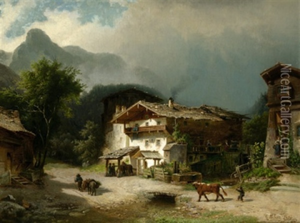 Blick Auf Ein Bergdorfchen Im Salzburger Land Oil Painting - Johann Gottfried Pulian