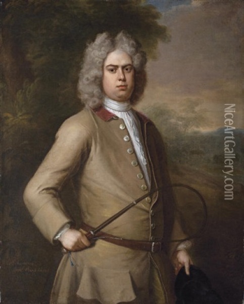 Portrait Of John Sutton In A Landscape, Wearing A Buff Coat And Holding A Riding Crop And Hat Oil Painting - Michael Dahl