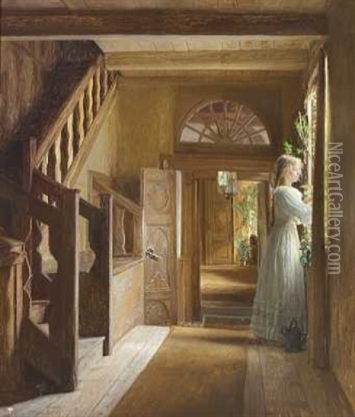 Interior. Interior Fra Buderupholm Med Ung Kvinde I En Hvid Kjole Ved Et Vindue Oil Painting - Georg Nicolaj Achen