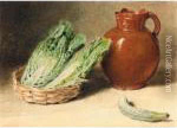 Still Life With A Jug, A Cabbage In A Basket And A Gherkin Oil Painting - William Henry Hunt