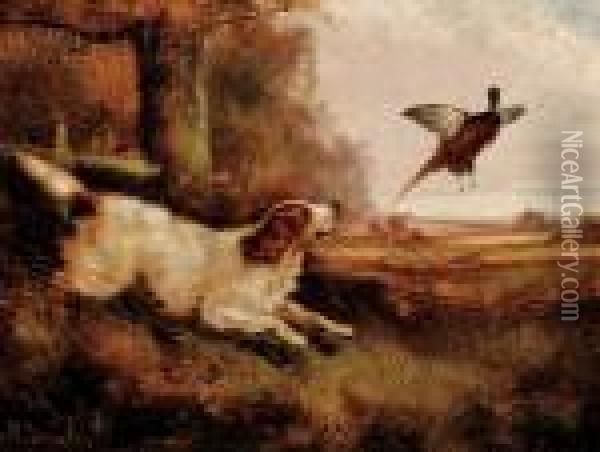 The Next Catch/fall Landscape With Dog And Pheasant Oil Painting - Robert Cleminson