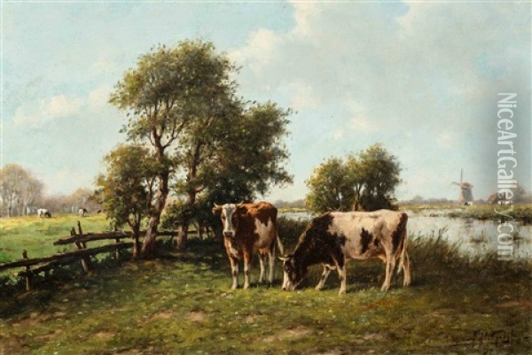Cows In A Summer River Landscape Oil Painting - Adriaan Marinus Geyp
