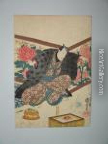 Un Homme Lache Sa Tasse Devant Un Paravent A Decor De Pivoines Oil Painting - Utagawa Kuniyoshi