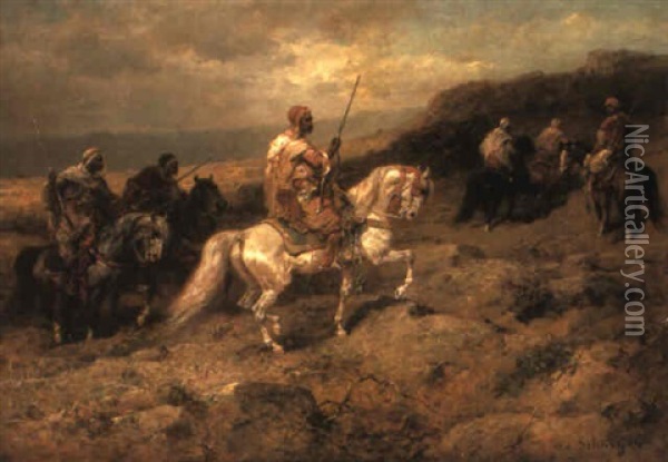 Arab Horsemen In A Rocky Landscape Oil Painting - Adolf Schreyer