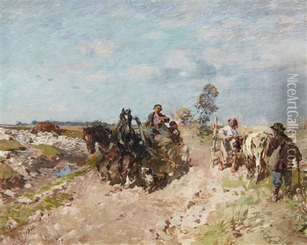 Landscape With A Hay Cart Oil Painting - Gregor von Bochmann the Elder
