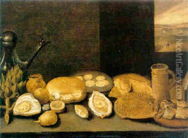 A Still Life Of An Artichoke, A Pewter Ewer, Oysters, Lemons, Herring And Bread All On Wooden Ledge Oil Painting - Hieronymus Francken the Younger