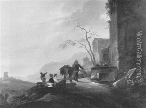 Sudliche Landschaft Mit Hirten Vor Ruinen Oil Painting - Johann Heinrich Roos