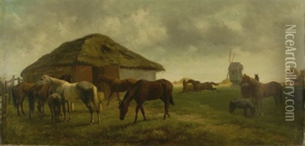 Flachlandschaft Mit Weidenden Pferden Vor Einer Hutte Oil Painting - Karel Frederik Bombled