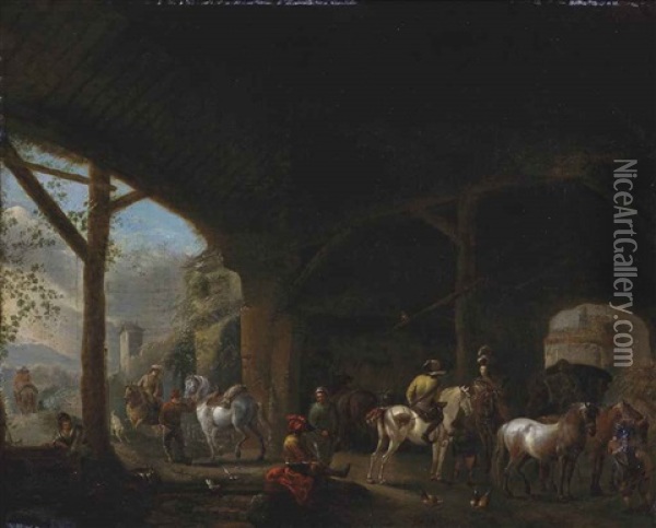 A Hawking Party In A Barn Interior Oil Painting - Carel van Falens