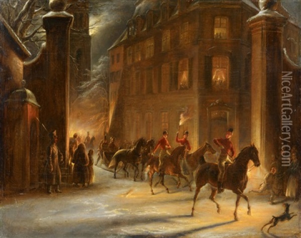 Night Sleigh Ride By Torchlight Oil Painting - Ludwig Sigismund Ruhl