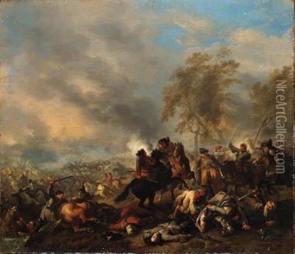 A Cavalry Engagement Near A Town Oil Painting - Jan von Huchtenburgh