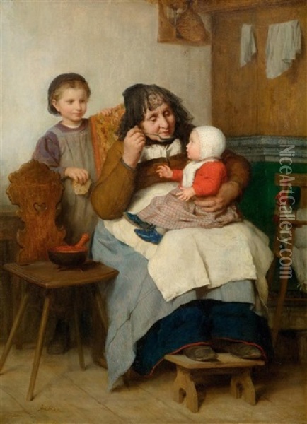 Grossmutter, Ihrem Enkelkind Die Suppe Gebend Oil Painting - Albert Anker