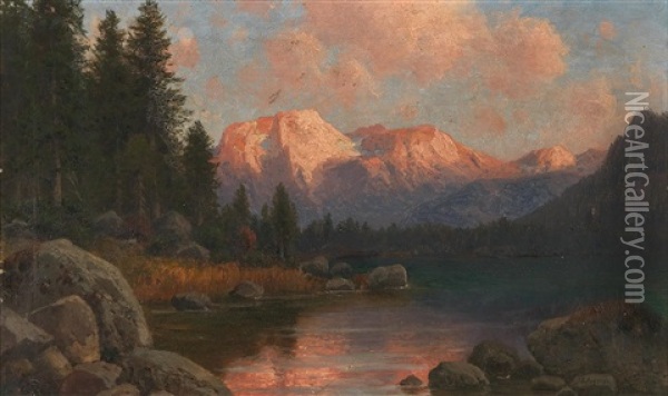 View Of Hintersee With The Hohe Goll Oil Painting - Josef Schoyerer