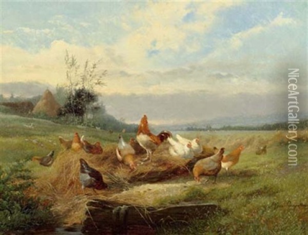 Landschaft Mit Huhnern Oil Painting - Jef Louis Van Leemputten