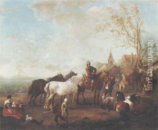Figures And Horses In A Landscape Oil Painting - Carel van Falens