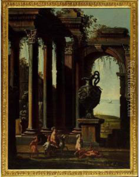 A Capriccio Of Classical Ruins With Putti Riding A Goat In The Foreground Oil Painting - Alberto Carlieri