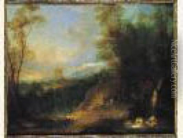 Lavandieres Et Berger Dans Un Paysage Boise Oil Painting - Pierre Salomon Domenchin De Chavannes
