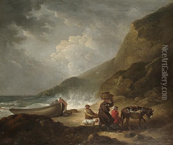 A Rocky Coastline With Travellers On The Beach Oil Painting - George Morland