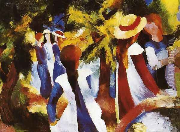 Girls In The Forest Oil Painting - August Macke