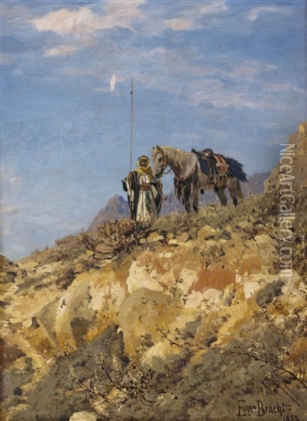 Beduine Mit Pferd Als Kundschafter In Felsenlandschaft Oil Painting - Eugen Felix Prosper Bracht