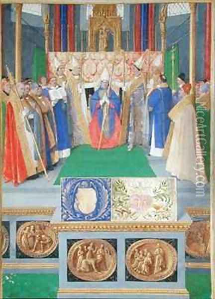 St Nicholas ordained as the Bishop of Myra from the Hours of Etienne Chevalier Oil Painting - Jean Fouquet