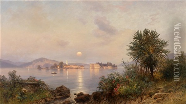 Abendstimmung Bei La Baghera Mit Blick Auf Die Isola Bella Oil Painting - Ascan Lutteroth